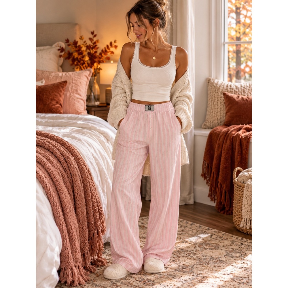 Victoria's Secret VS Pink Pajama Pants XL Pink Gold Stripe Lounge Y2K Cozy